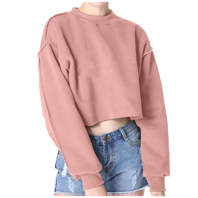 Bowake Femmes Occasionnels Recadrées Sweat-Shirts Col Rond Manches Longues Couleur Unie Pull Tops Chemisier
