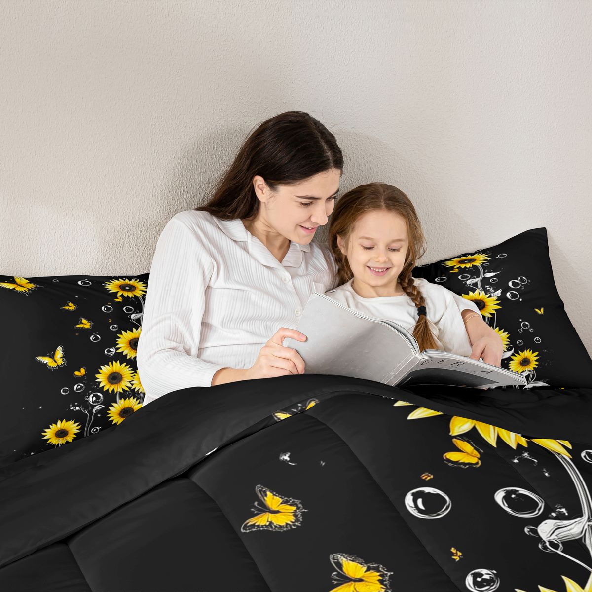 Homewish Country Sunflower Flower 7-Piece Bedding Comforter Set,Cute Cartoon Butterfly King Bedding Sets,Yellow Black Bed Sheets For Girls Kids,Breathable Home Decor Reversible