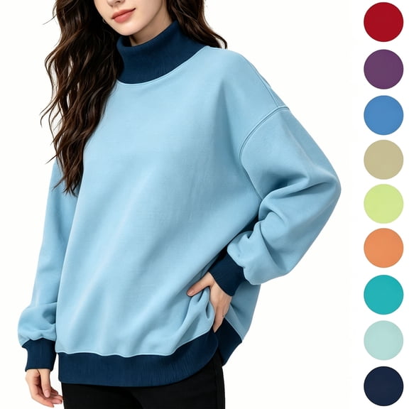 Yotami Women's Color Block Mock Neck Sweatshirt, Fall Winter Fashion Long Sleeve Loose Fit Pullover Top for Casual, Daily, Soft Lightweight Oversized Sweatshirt
