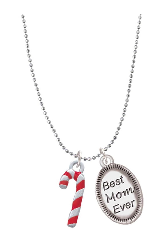 Silvertone 3-D Red Enamel Candy Cane Best Mom Ever Charm Necklace