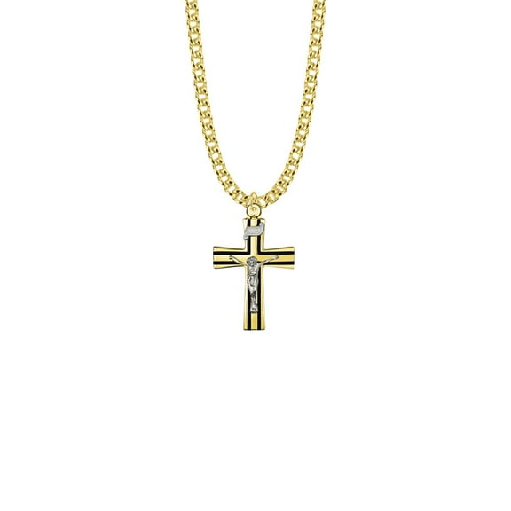 Singer 1 Inch Two-Tone 14KT Gold Plated Over Sterling Silver Black Enameled Crucifix Necklace
