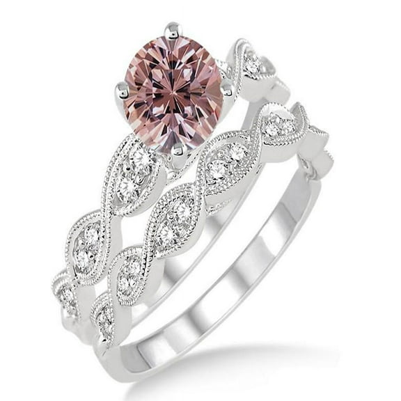 1.5 Carat Morganite & Diamond inertwined Bridal setRound cut diamond on 10k White Gold