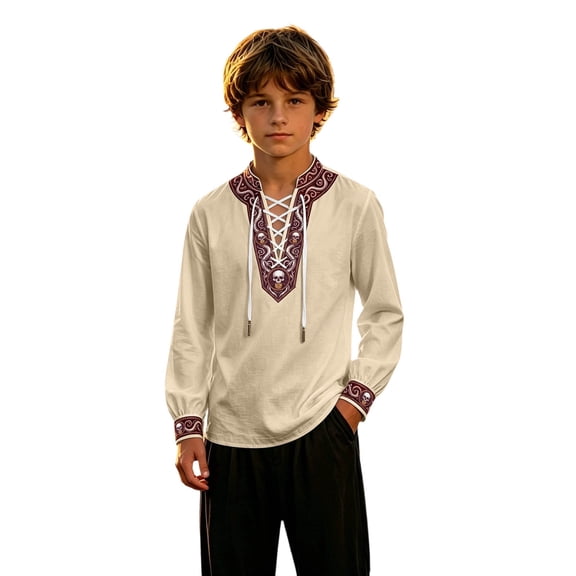 Weebloom Kids Boys Medieval Renaissance Pirate Shirt Long Sleeve Cosplay Shirt Dress Up Top Role Play Halloween Shirts,Size 3-16 Y