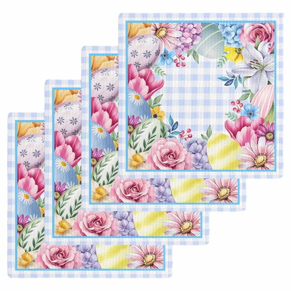 Spring Easter Kitchen Dish Towels for Drying Dishes Set of 4, Watercolor Flower Eggs Berry Leaf Blue Plaid Waffle Weave Microfiber Hand Tea Bathroom Towels Quick Dry & Absorbent Towel 12x12