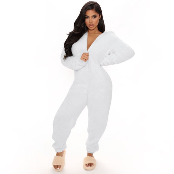 Sunnin Womens Jumpsuit Solid Color Hooded Zip Closure Fleece Long Sleeve Comfort Wear