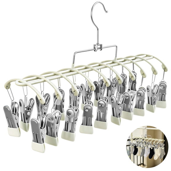 Sock Drying Rack with 20 Clips, Stainless Steel Laundry Hanger for Underwear, Space-Saving Clothes Airer with Foldable Hook, Non-Slip Clip Organizer Drying Station for Small Items