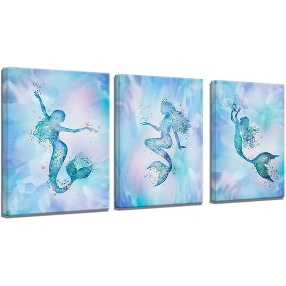Mermaid Bathroom Decor Wall Art for Bedroom Modern Artwork for Walls Colorful Mermaid Decor for Girl Room Canvas Art Wall Decor Framed Wall Decorations Watercolor Mermaid Wall Pictures for Bedroom
