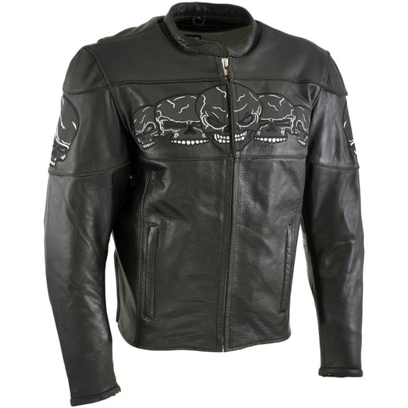 Milwaukee Leather LKM17011 Men's 3 Skull Head Premium Black Leather Motorcycle Jacket with CE Armor Small