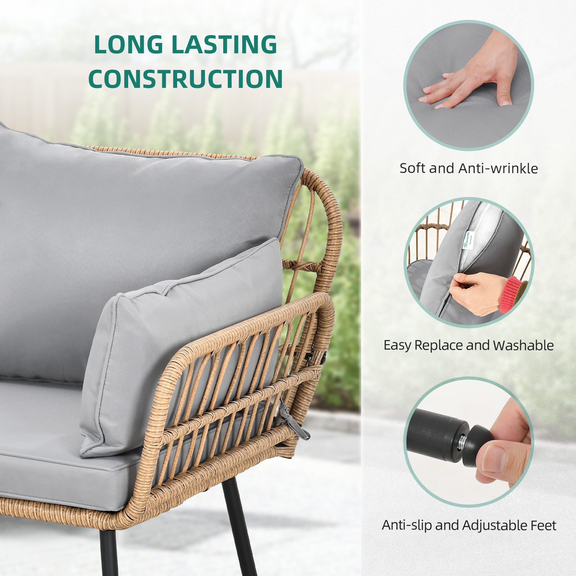 DEXTRUS Patio Loveseat Sofa, All-Weather Wicker Rattan 2 Seater Sofa with Cushions & Lumbar Pillows, Outdoor Patio Furniture Set for Patio for Balcony, Backyard, Deck, Poolside - Grey