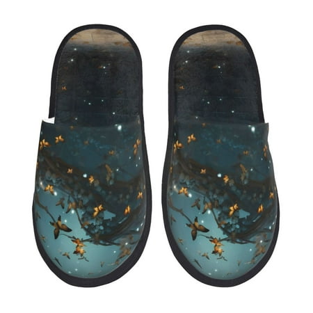 Balery Magical Library Butterfly Night Slient Indoor Furry Fleece Comfort House Shoes Soft Non-Slip Home Shoes Cotton slippers House Slippers-- Large