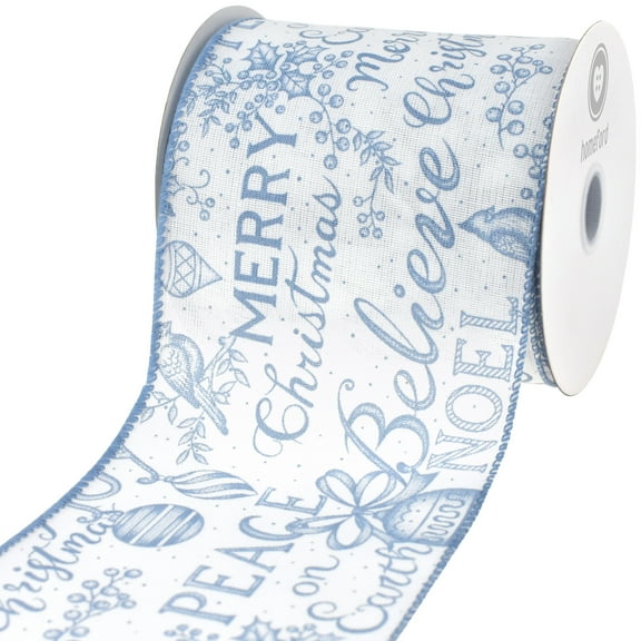 HOMEFORD Christmas Vintage Script Faux Linen Wired Ribbon, 4-inch, 10-yard, Blue