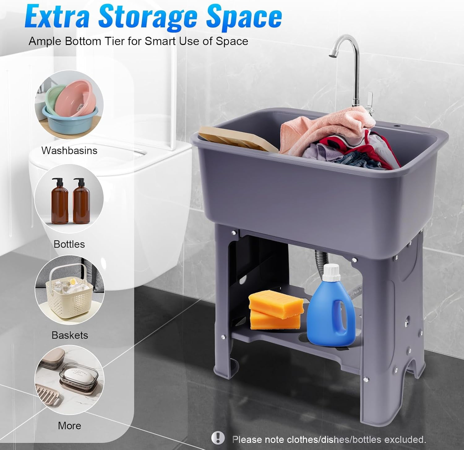 Laundry Sink Freestanding Plastic Utility Sink W/Storage Shelf Faucet Drain Kit For Laundry Room, Bathroom, Farmhouse