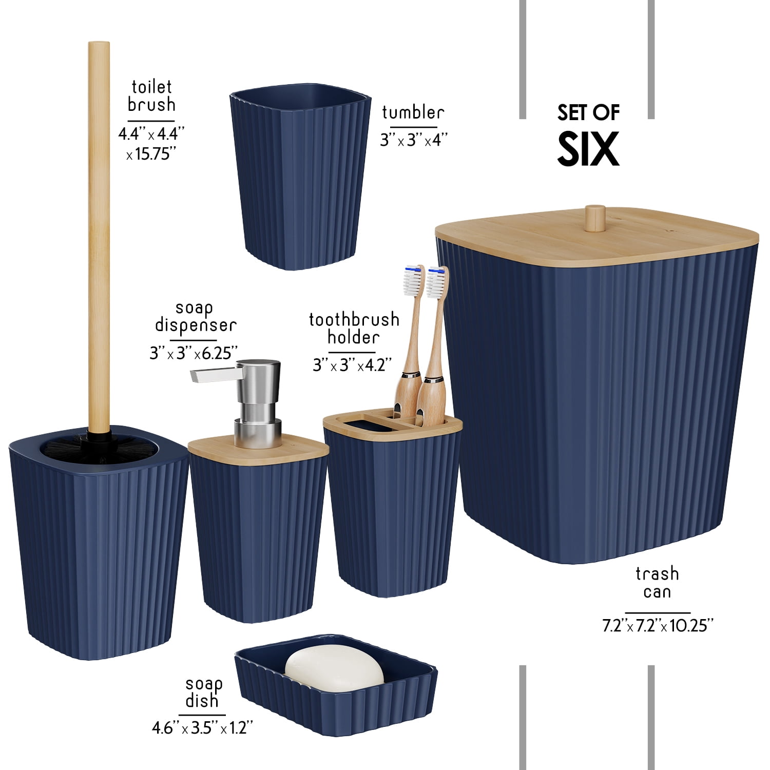 Hearth & Harbor 6 Piece Bamboo Bathroom Sets, Navy Blue Bathroom Accessories Set for Minimalistic Bathroom Décor