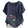 thumbnail image 2 of HOMBOM Tops for Women Boho Spring Tunic Tops Cotton Linen Short Sleeve Floral Ladies T Shirts Crewneck, 2 of 5