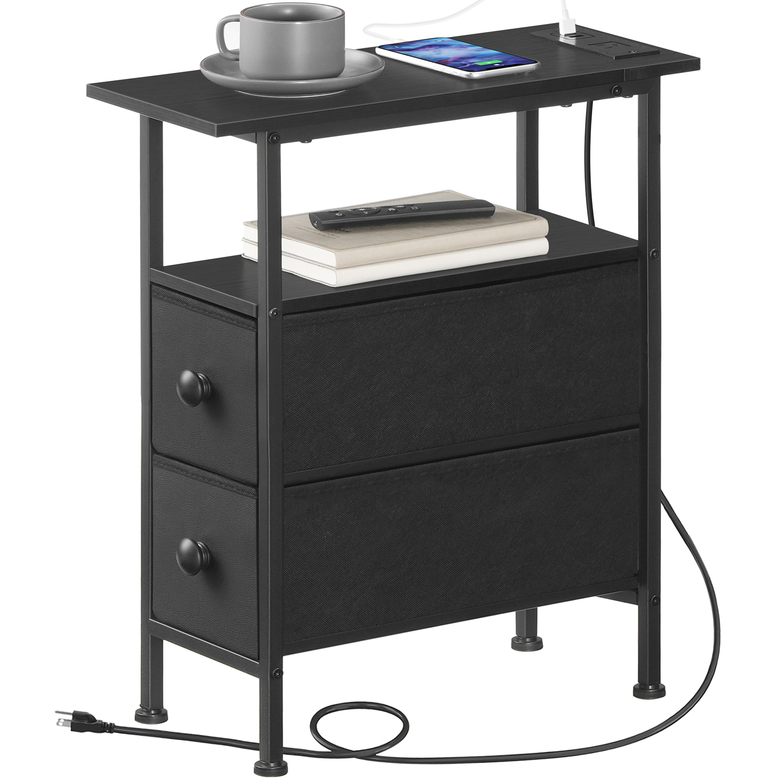HOOBRO End Table with Charging Station, Narrow Side Table with 2 Fabric Drawers, Skinny Nightstand with Storage, Slim Bedside Table for Bedroom, Living Room, Small Spaces, Black BB487UBZ01