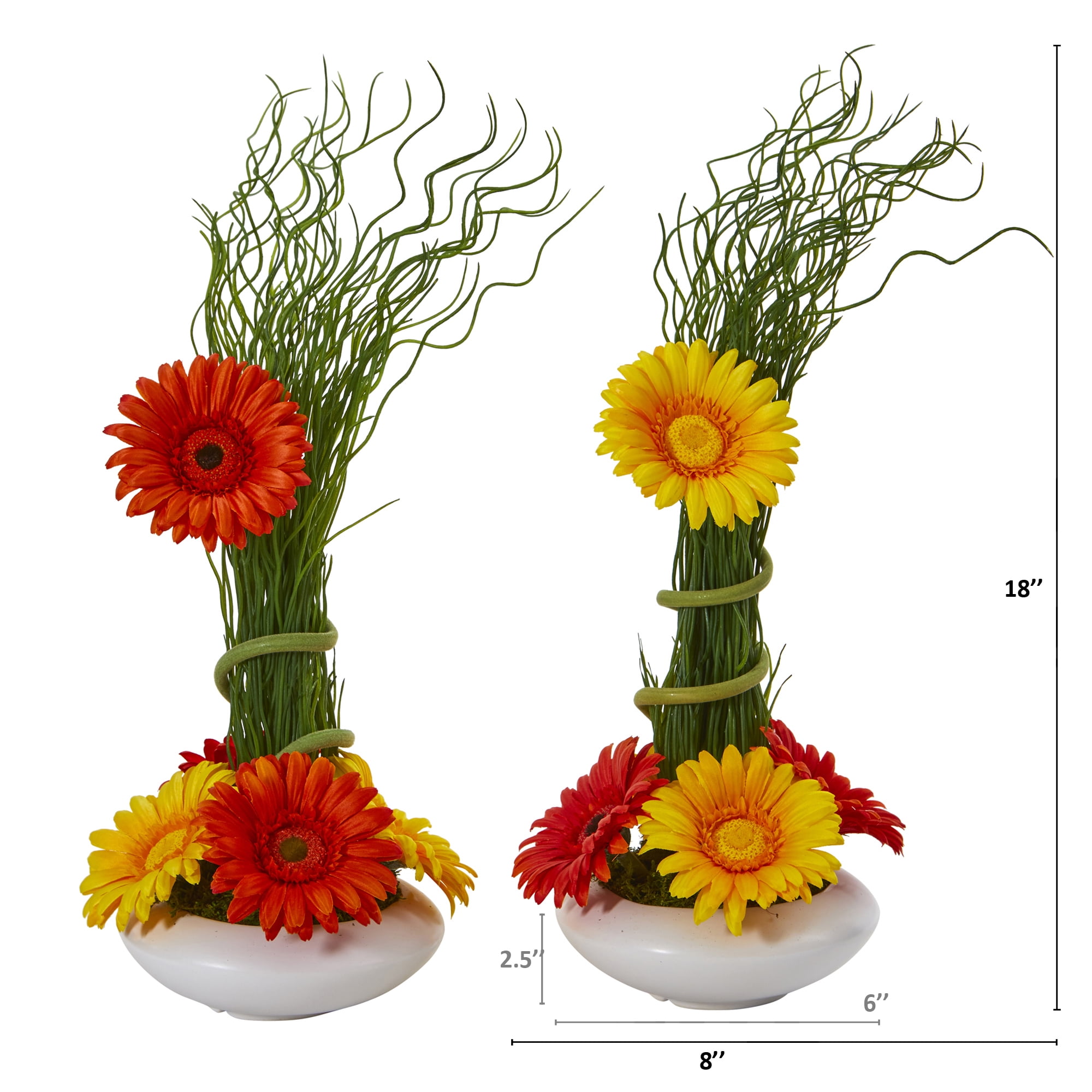 Nearly Natural 18in. Gerber Daisy and Grass Artificial Arrangement in White Vase (Set of 2)