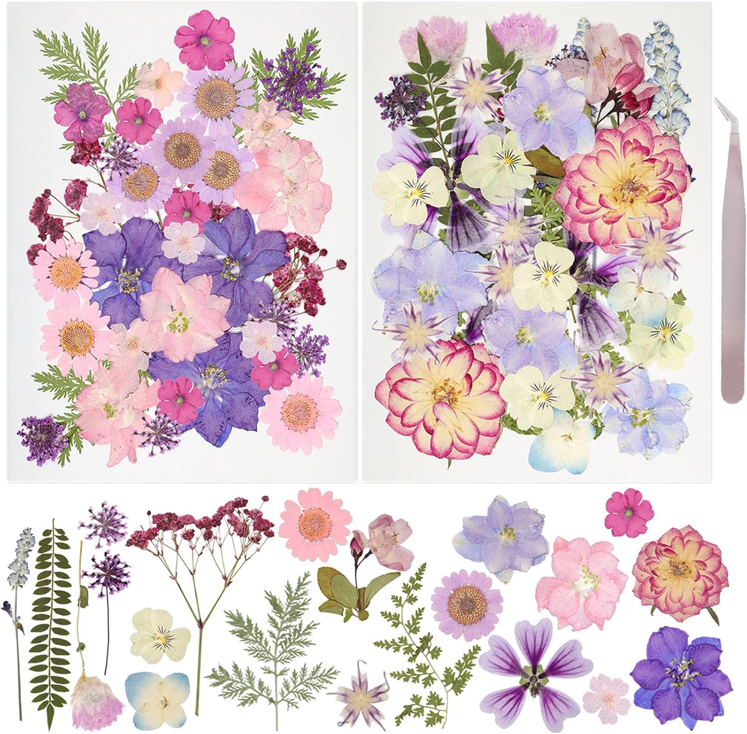 200Pcs Dried Pressed Flowers Resin Mould Real Flowers Natural Dry Leaves Bulk Mixed Colorful Herbs Kit with Tweezers for Scrapbooking DIY Candle Jewelry Crafts Making Nails Decoration(Multicolor)