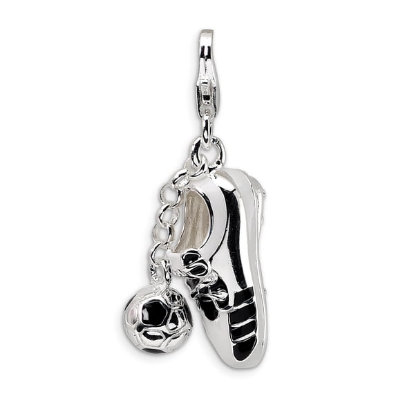 Sterling Silver Amore La Vita Polished 3-D Moveable Enameled Soccer Shoe and Ball Charm Pendant with Fancy Lobster Clasp