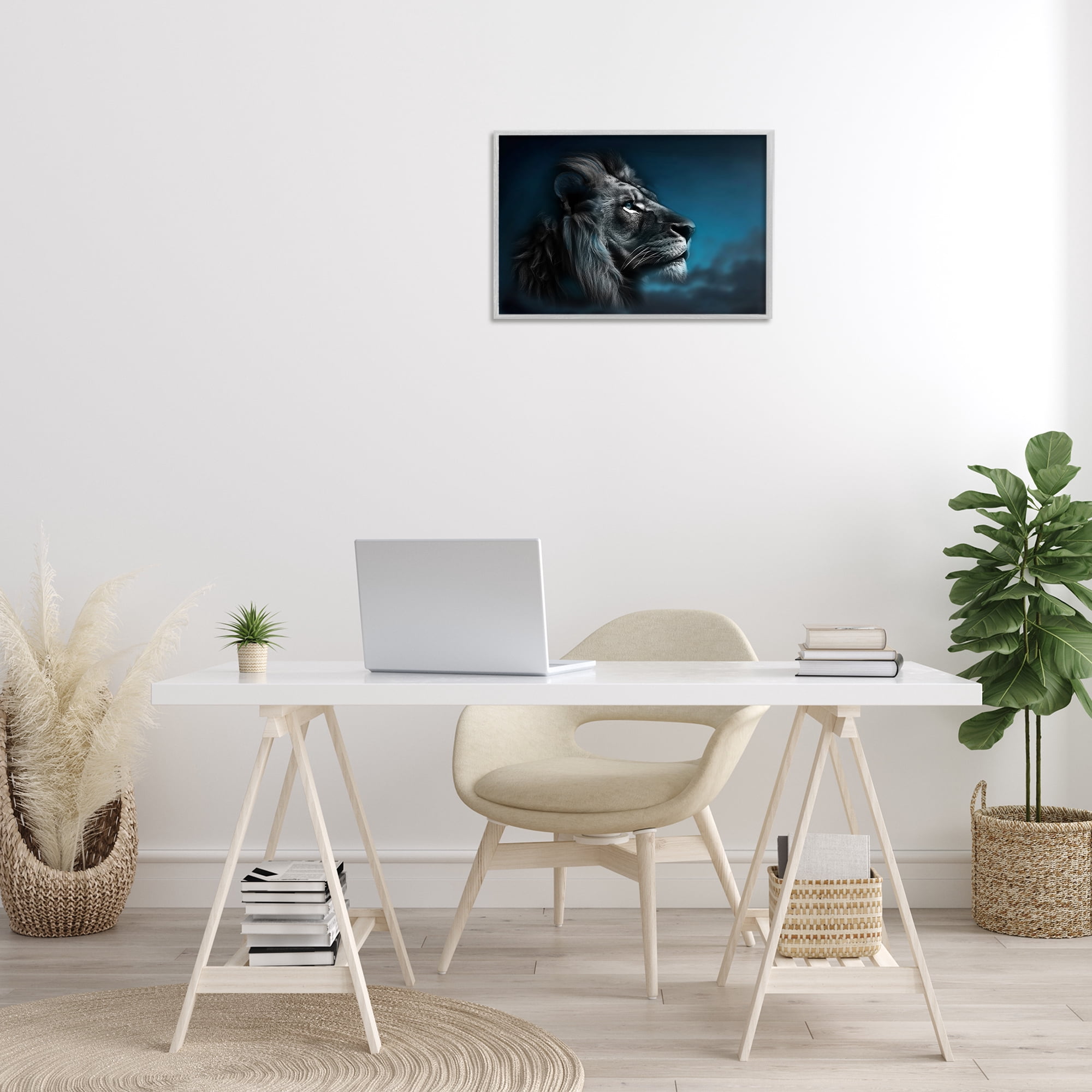 Stupell Industries Intense Gazing Lion Animals & Insects Painting Gray Framed Art Print Wall Art, 24 x 16