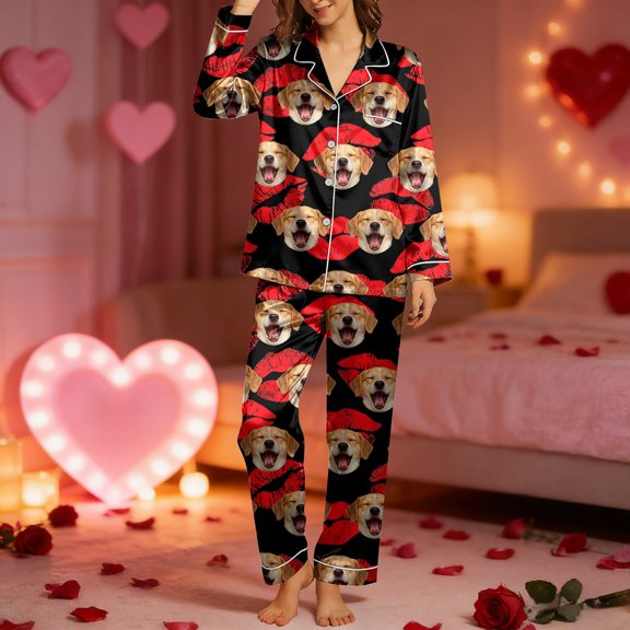 HOWPAY Valentines Pajamas for Women Set Customized Photo Personalized Face Long Sleeve Button down Lapel Shirt and Pants Sleepwear Comfy 2 Piece Lounge Sets Black L