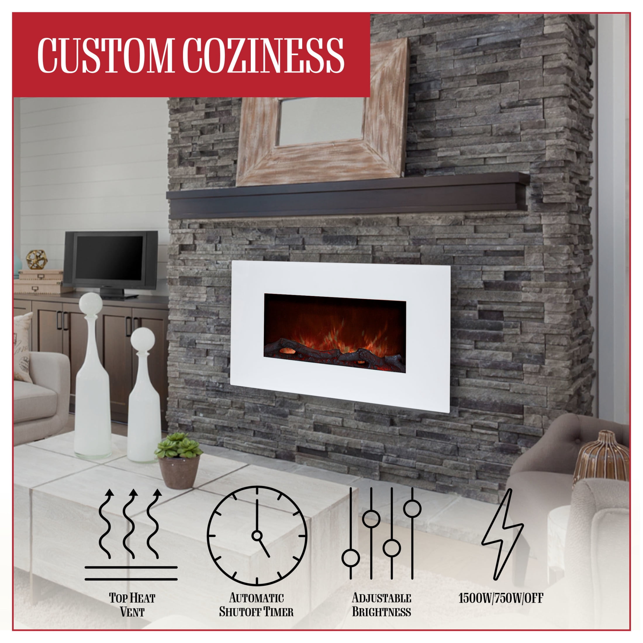 Northwest 36-Inch Electric Fireplace - Modern Wall-Mounted Heater (White)