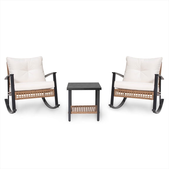 LIFKOME 3-Piece Rocking Bistro Set Rattan Patio Furniture with Thick Cushions and 2-Tier Table for Garden Balcony Backyard Beige