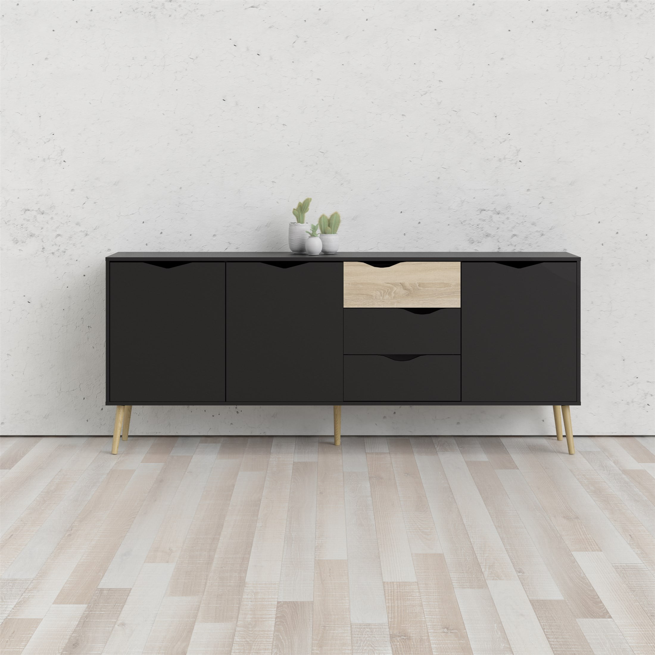 Diana Sideboard with 3 Doors, 3 Drawers, Black Matte/Oak Structure