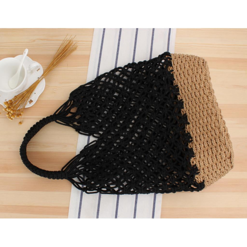 Boho Handmade Cotton Beach Knitting Bucket Bag Purse Woven Bag Tote for Women Hand-woven Crochet Handbag Black
