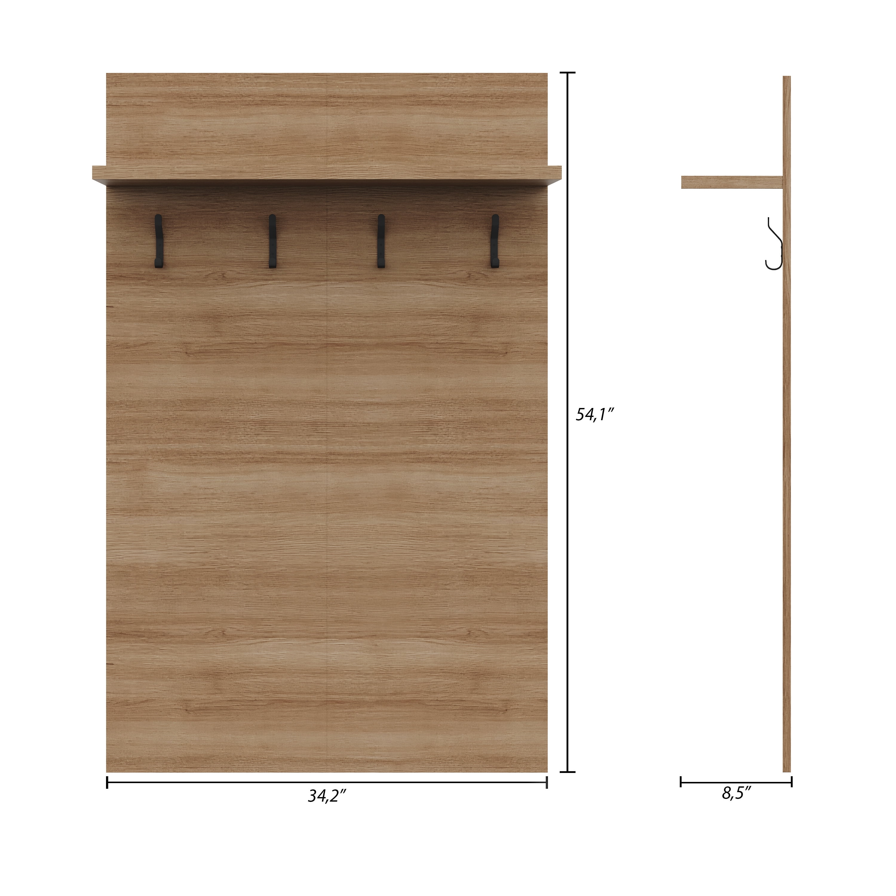 Nexera Porto Entryway Wall-Mounted Coat Rack with Shelf, Brown Oak