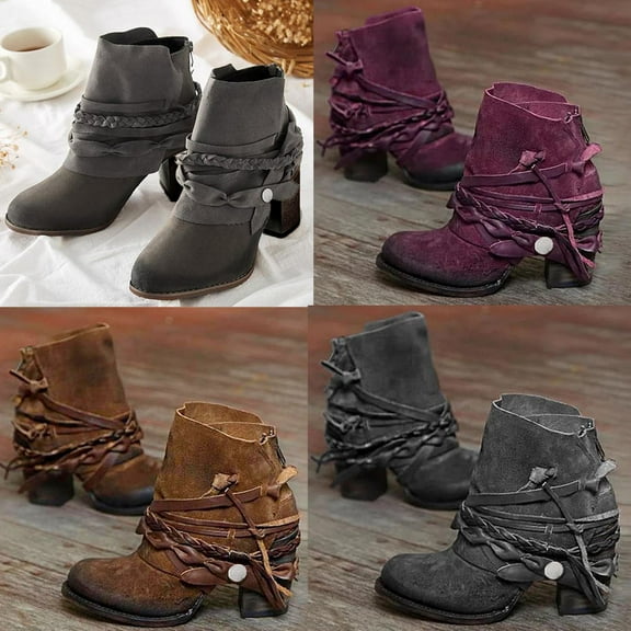 TKYCMSUAKI Cowboy Boots for Women,Women's Fashion Short Gogo Ankle Boots Retro Faux Suede Boots Low Mid Chunky Block Heel Boots Side Zipper Bandage Booties Shoes
