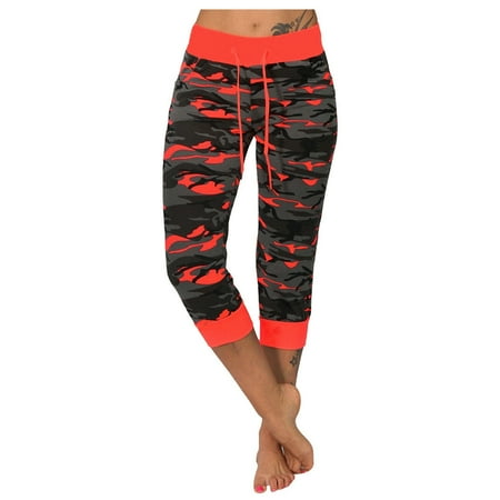 

YanHoo Women s Carpris Pants Camouflage Print Patchwork Trouser High Waist String Cropped Yoga Pants