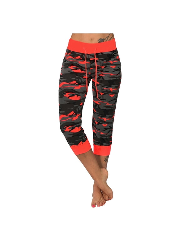 Women Summer Yoga Capri Pants Casual Camouflage Printed Panel Drawcord Female Lounge Workout Running Tights Ladies Leisure Stretch Waist Gym Cropped Leg Booty Leggings Trousers