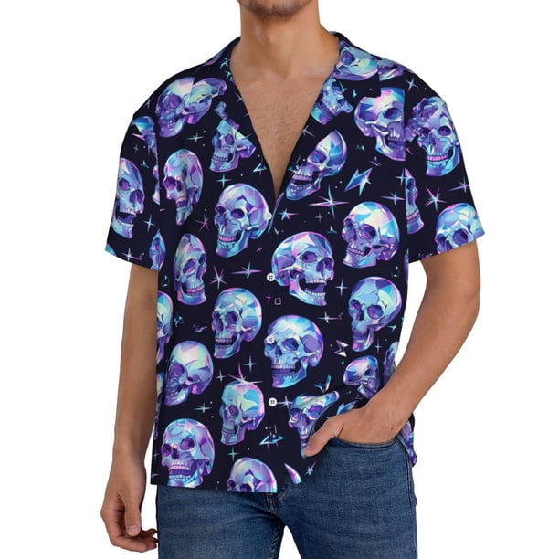 Balery crystal Skull Camisa Casual de Manga Corta con Botones para Hombre, Texturizada, Estilo Cubano, para Playa, Verano-Small