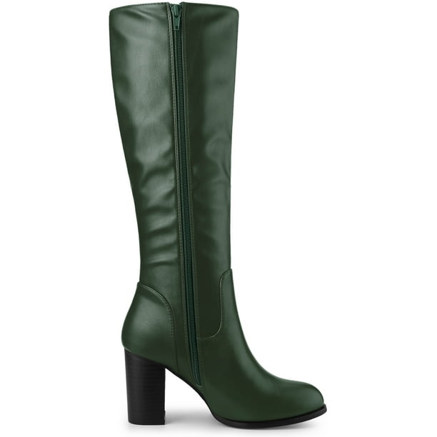 BLISSFUL STEP Women's Boots Knee High Chunky Heel Round Toe Side Zipper  Faux Leather Dress Boots Dark Green 6 - Walmart Business Supplies