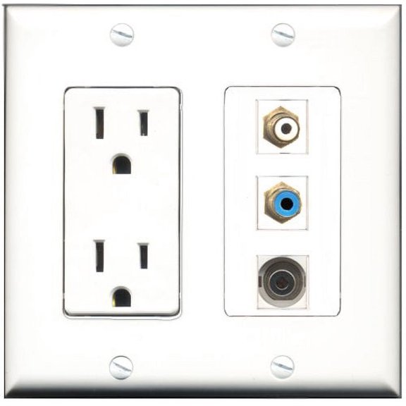 RiteAV - 15 Amp Power Outlet 1 Port RCA White 1 Port RCA Blue 1 Port 3.5mm Decorative Wall Plate