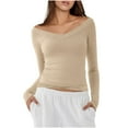 thumbnail image 1 of yillto T-Shirts Moulants à Col en V pour Femmes, Manches Longues, Coupe Ajustée, Basiques, Hauts, Couleur Unie, T-Shirt de Sortie pour Femmes, 1 of 7