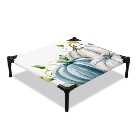 White Blue Pumpkin Elevated Dog Bed Fall Leaves Yellow Flower Harvest Watercolor Cooling Breathable Outdoor Raised Dog Cot Bed with Metal Frame Non-Slip Feet for Small Dog 20x20in