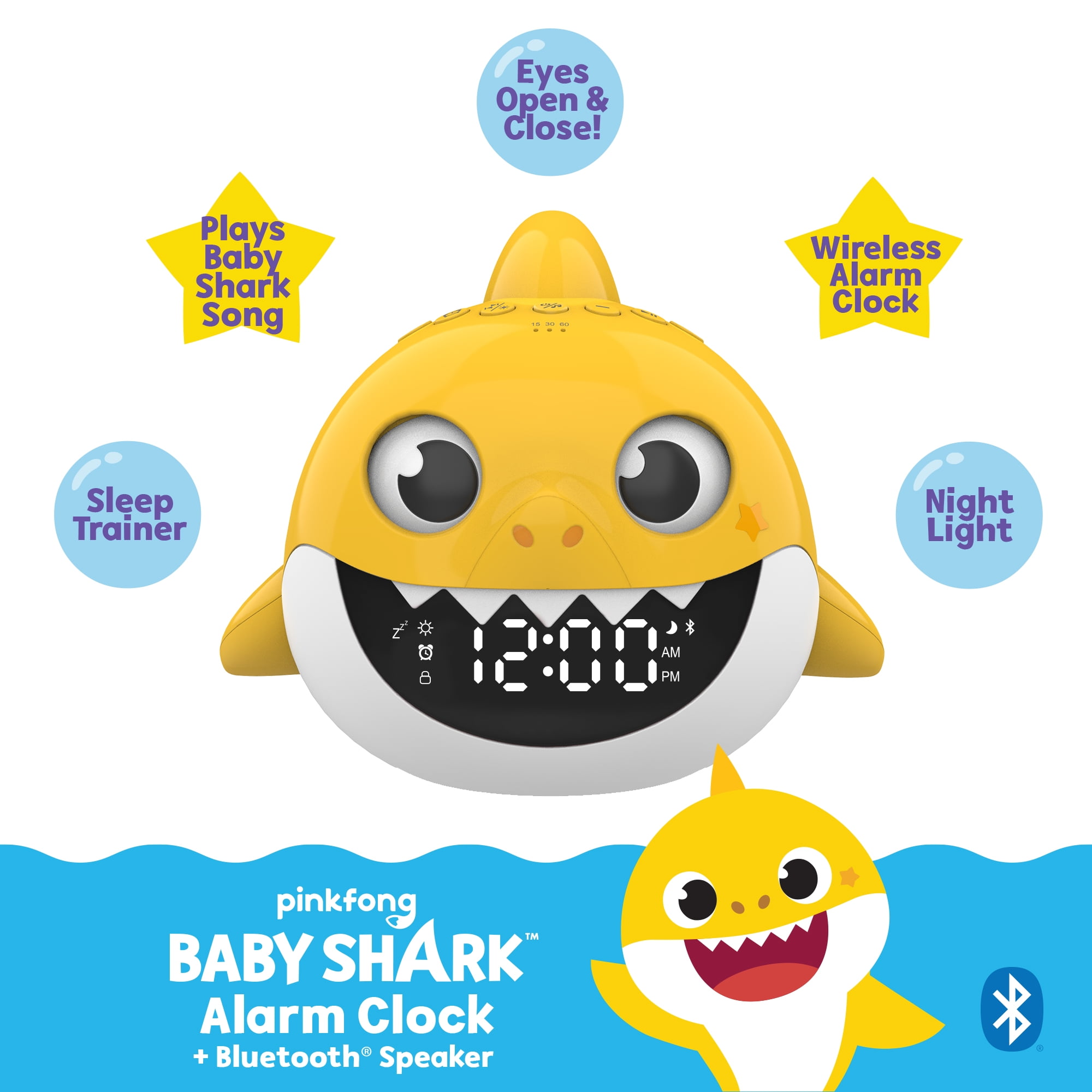 Nickelodeon Pinkfong Baby Shark Bluetooth Speaker with Digital Alarm Clock, White Noise and Night Light