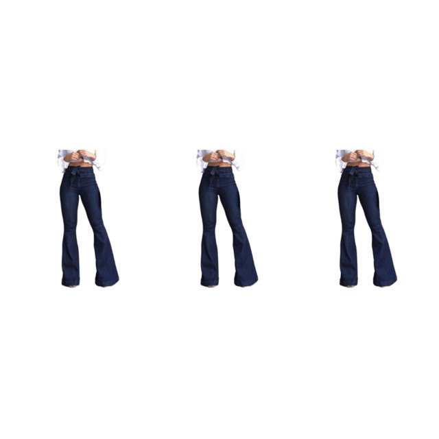 pitrice Women Wide Leg Jeans High Waist Flared Pants Solid Color Strap Spring Summer Hip-Lifting Ladies Trousers For Office Blue S 3Set