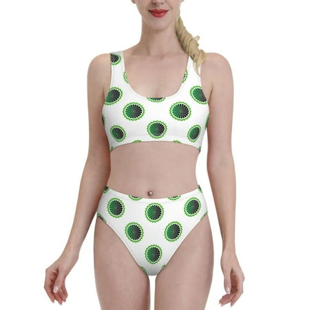 High Waisted Bikini Sets For Women  Green Abstract Flower Two Piece Swimsuit Sporty Scoop Neck Bathing Suit
