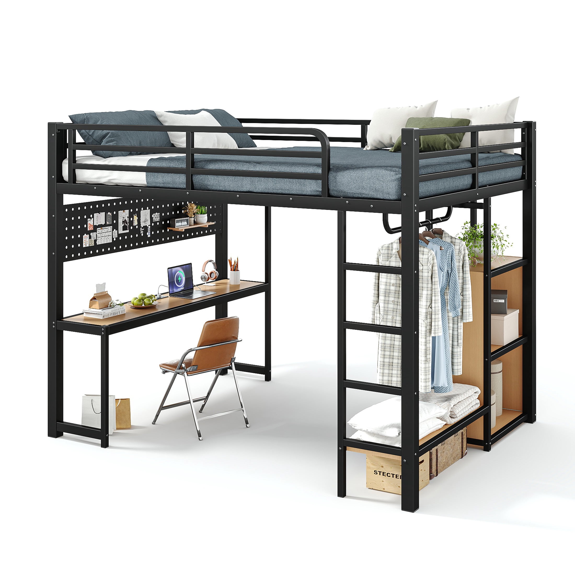 Noble House Queen Loft Bed with Desk, Storage Shelves, USB Ports and Lights, Black