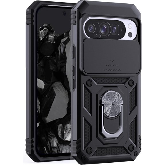 KOMI Case for Google Pixel 9 Pro XL,Military Grade Drop Protection[Pass 16ft Drop Test] Phone Case with Slide Camera Cover and Ring Kickstand,Heavy Duty Protector Shockproof Protective Cover,Black