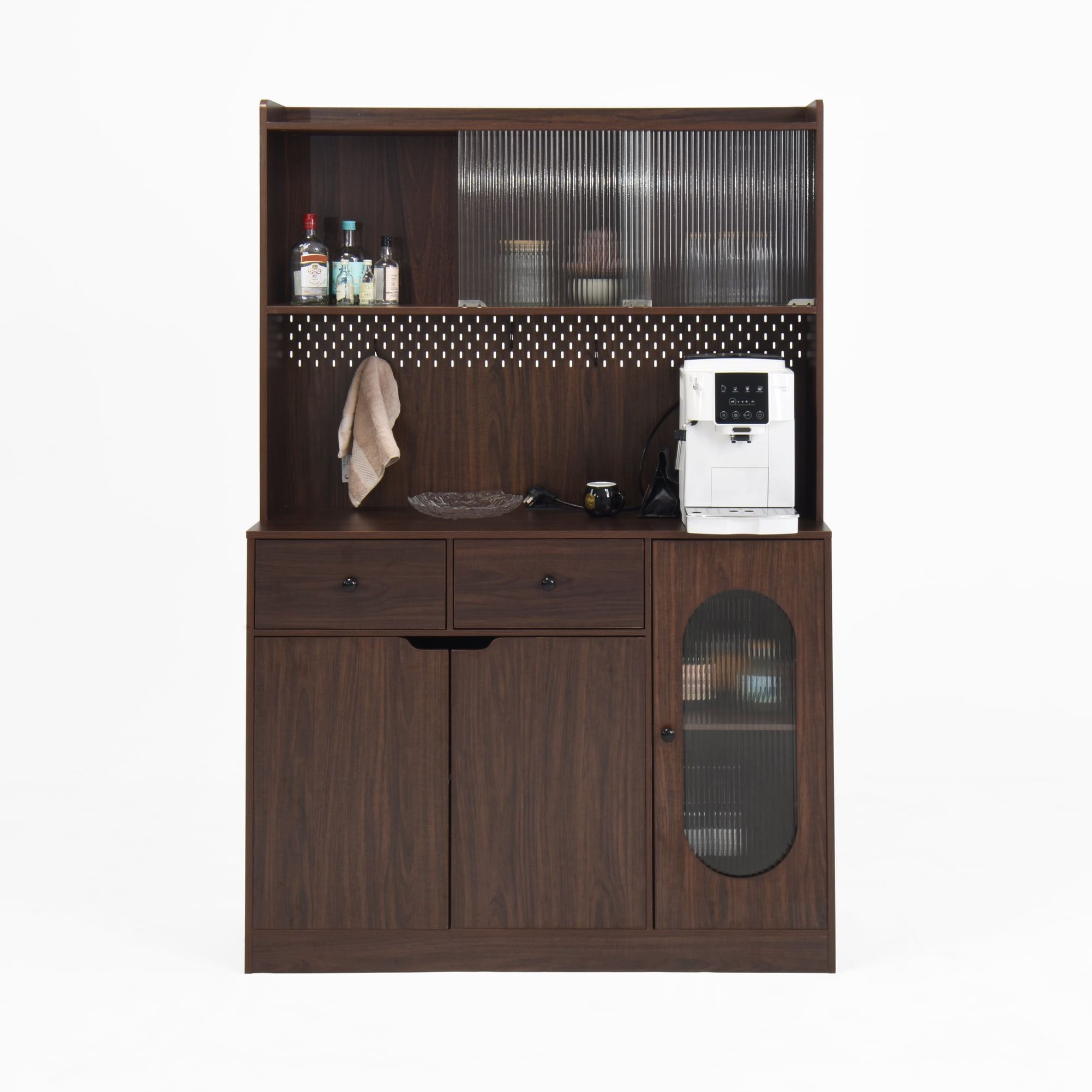 Noble House 71" Tall Kitchen Pantry Storage Cabinet with Microwave Stand, Reeded Glass Doors, Walnut