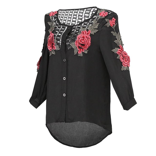 Tops de Mujer de Manga Larga Casual Camiseta Suelta Negro jinwen Las mujeres ahuecan hacia fuera la camisa floral