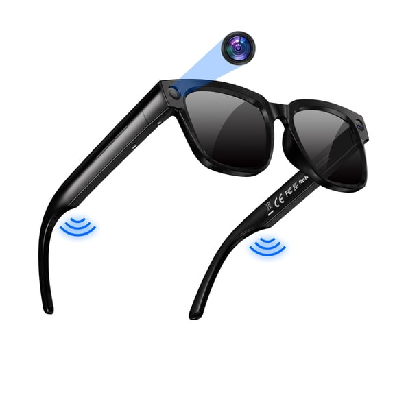 CamelParty Smart Glasses with Camera, Bluetooth, AI Voice Assistant, Sunglass & Blue Light-Blocking Lenses, Audio, Photo, Video Compatibility, Black