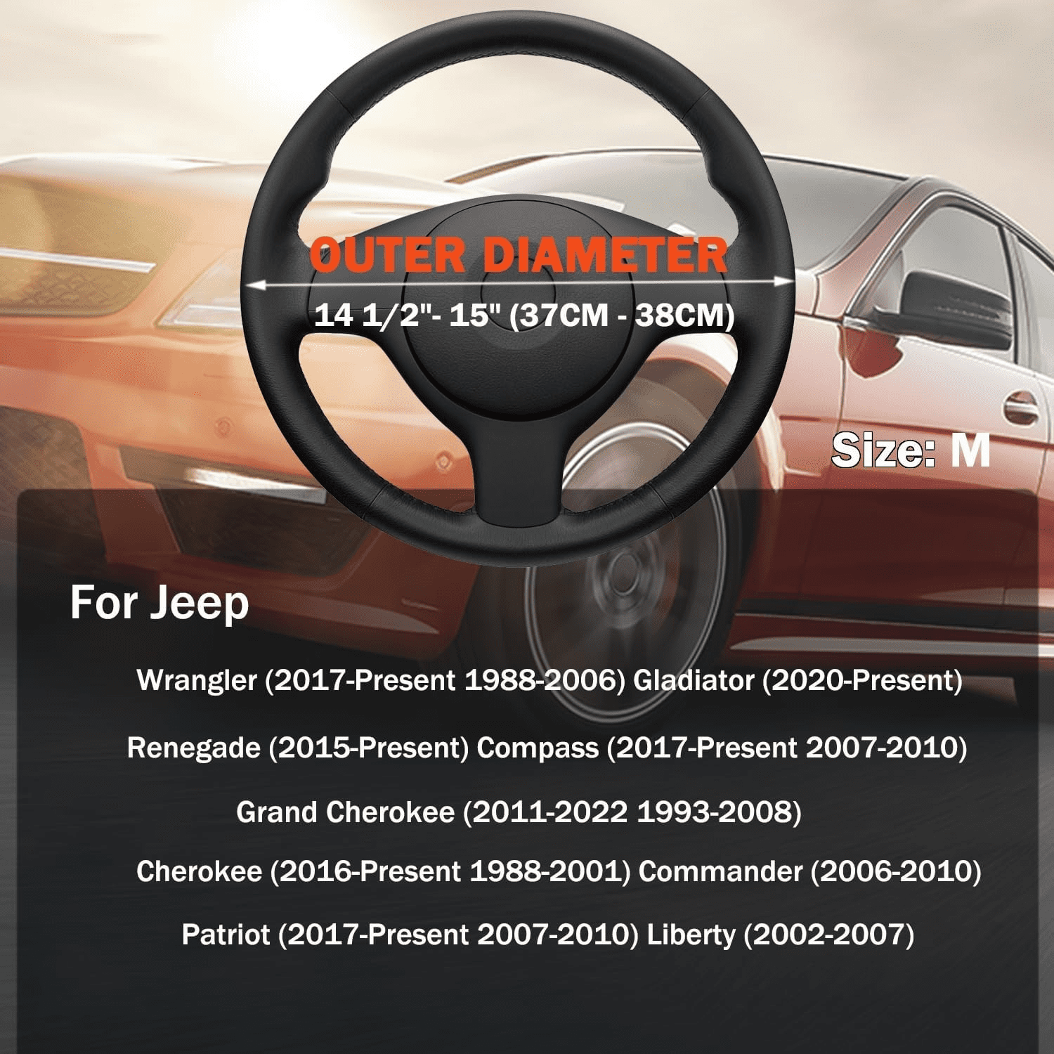 For Jeep Ultra-thin Nappa Leather Steering Wheel Cover, Clip on Breathable and Anti-Slip Design, Black Car Accessories Fit for 14.5”-15”