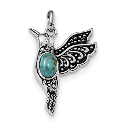 Sterling Silver Rhodium/Oxidized Recon. Turq/Cz Hummingbird Pendant (29 X 17) Made In Thailand qc9314