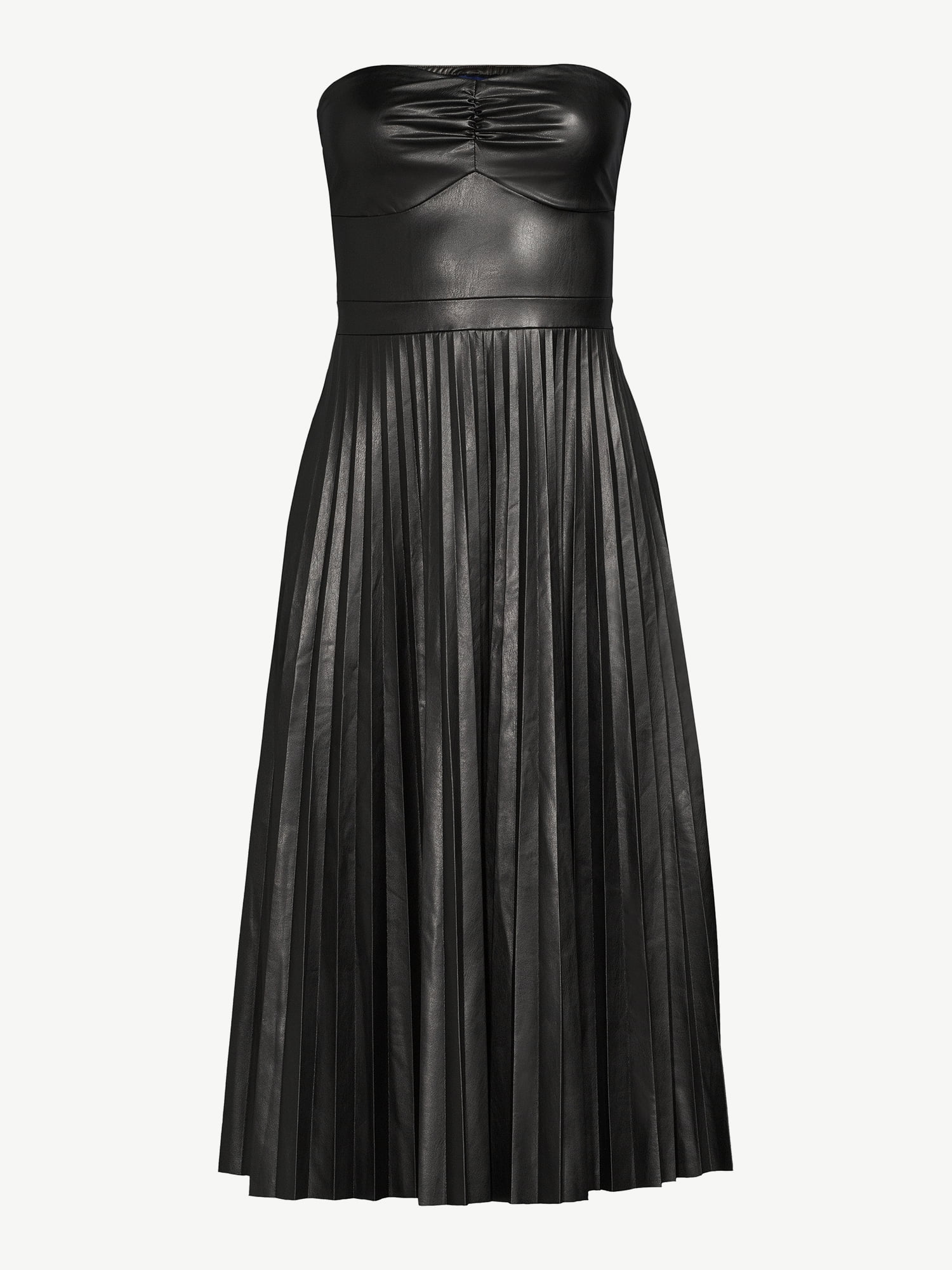 Scoop Women's Faux Leather Strapless Pleated Midi Dress