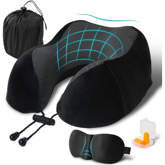 NUAN Memory Foam Neck Pillow, Ergonomic U-Shaped Travel Pillow with 3D Eye Mask, Earplugs & Bag, Black