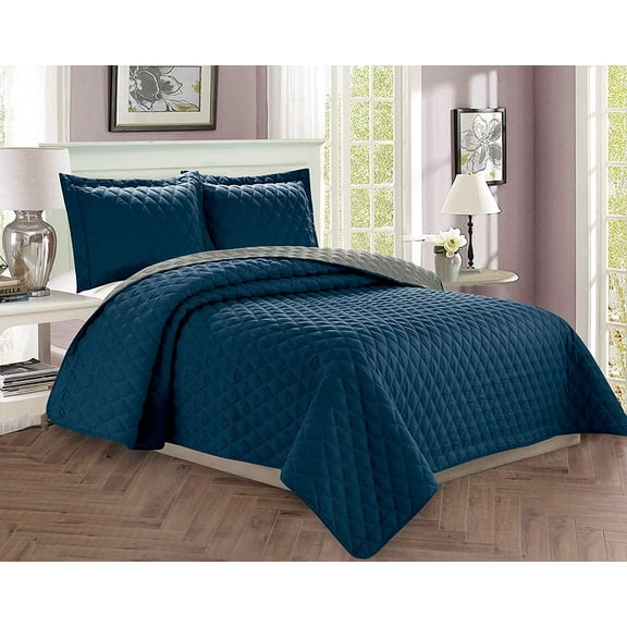 3-Piece Bedspread Coverlet Quilted Set with Shams - Full/Queen, Navy Blue/Gray